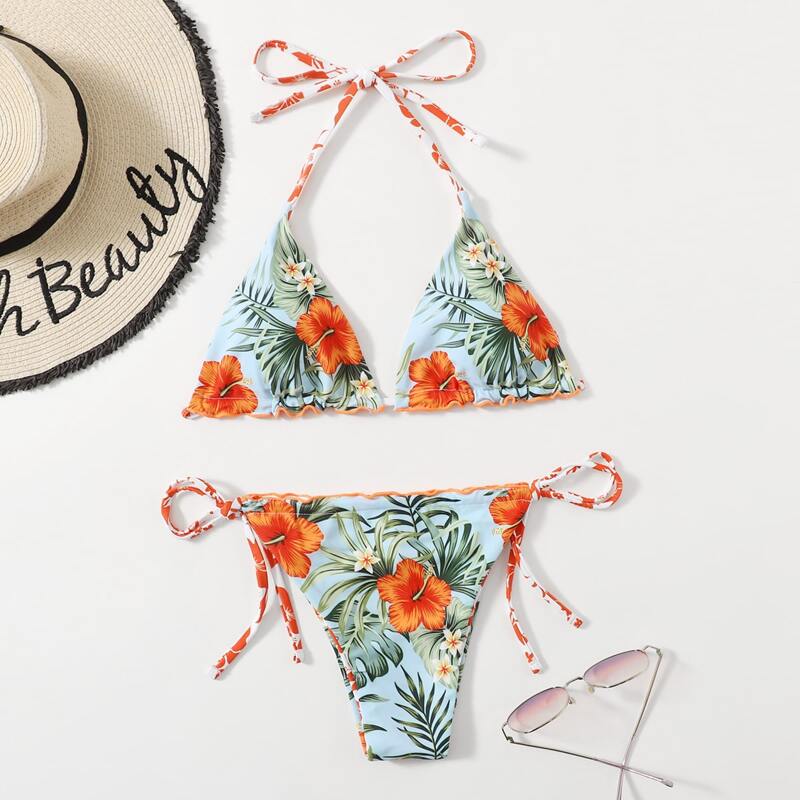 

Floral Halter Tie Side Bikini Swimsuit, Multicolor