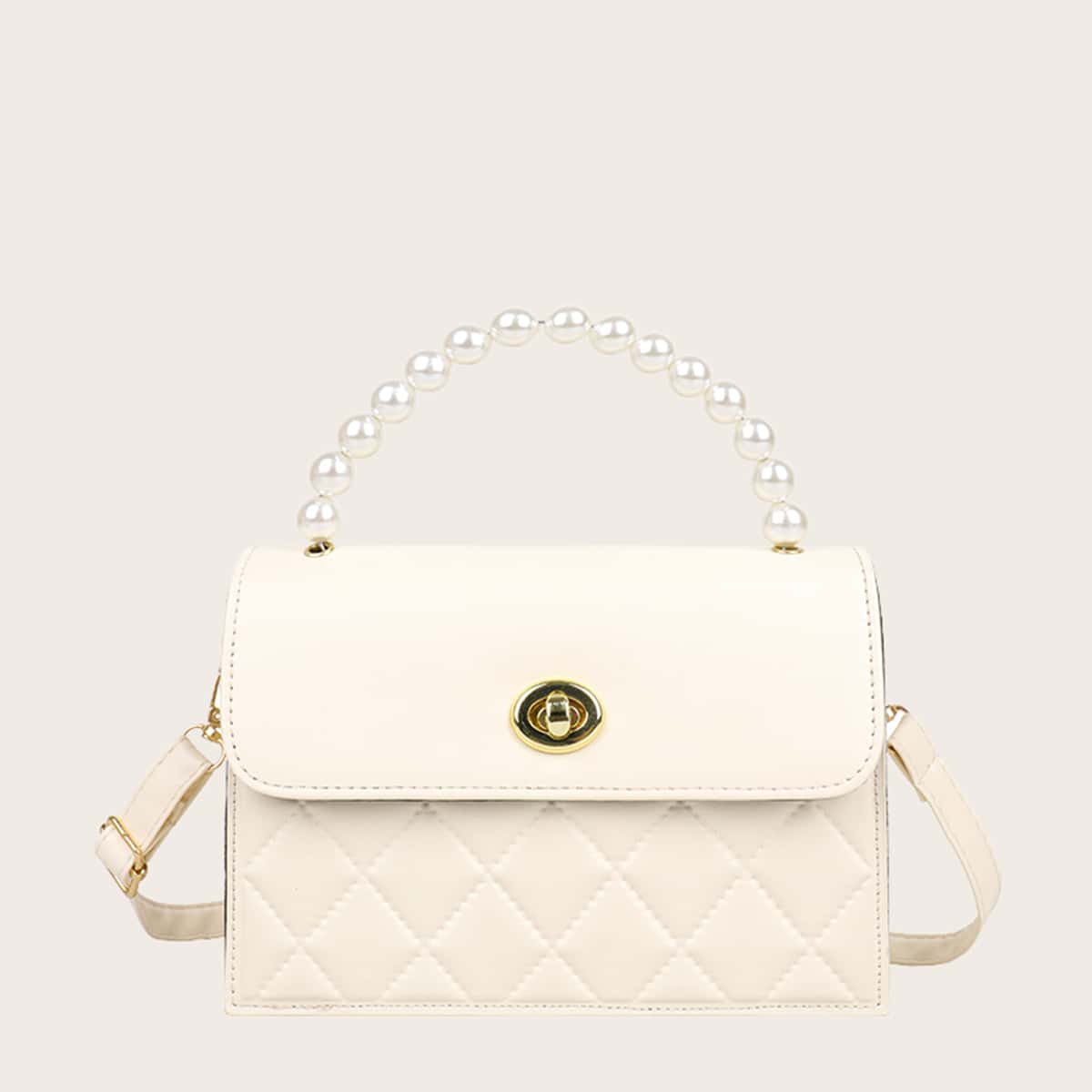 

Faux Pearl Handle Quilted Satchel Bag, Beige