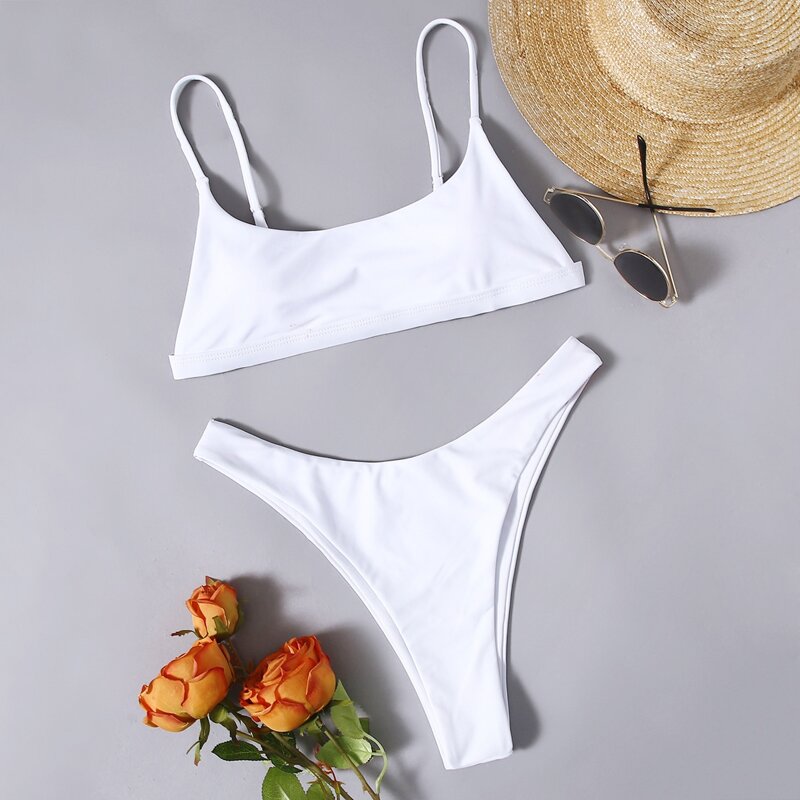

Plain High Leg Bikini Swimsuit, White