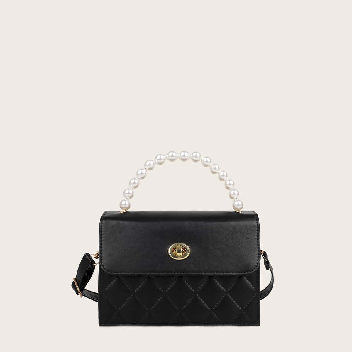 

Faux Pearl Handle Quilted Satchel Bag, Black
