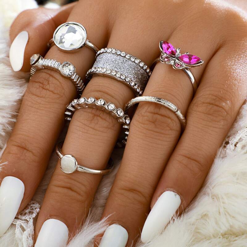 

7pcs Butterfly & Rhinestone Design Ring, Silver