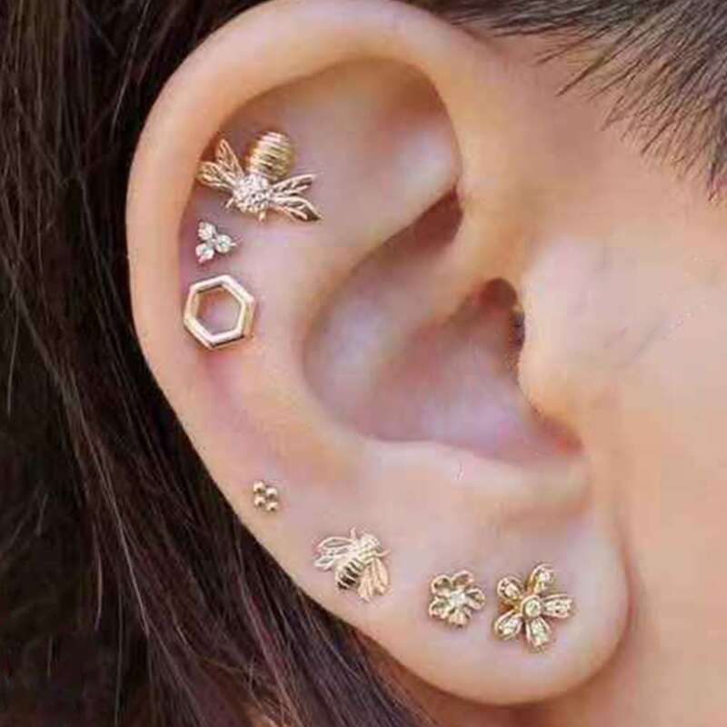 

7pcs Flower & Bee Design Stud Earrings, Gold