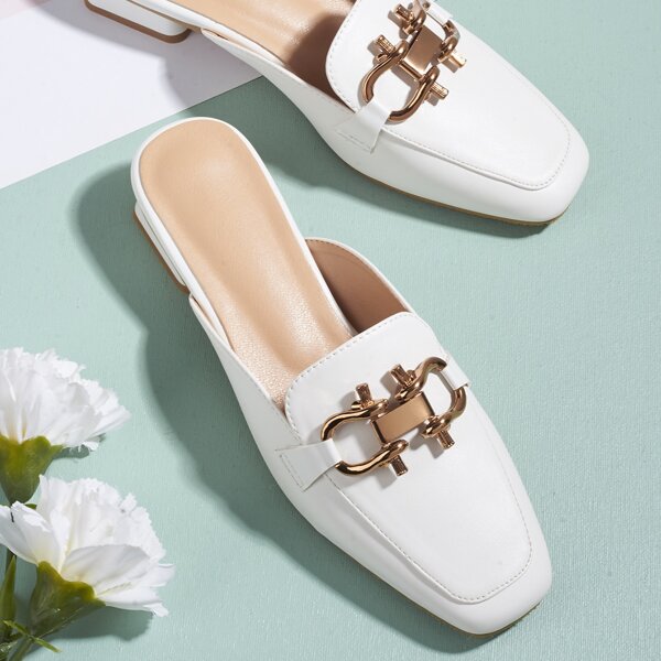 

Square Toe Metal Decor Flat Mules, White
