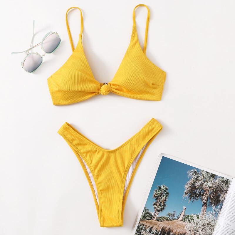 

Solid Knot High Cut Bikini Swimsuit, Yellow