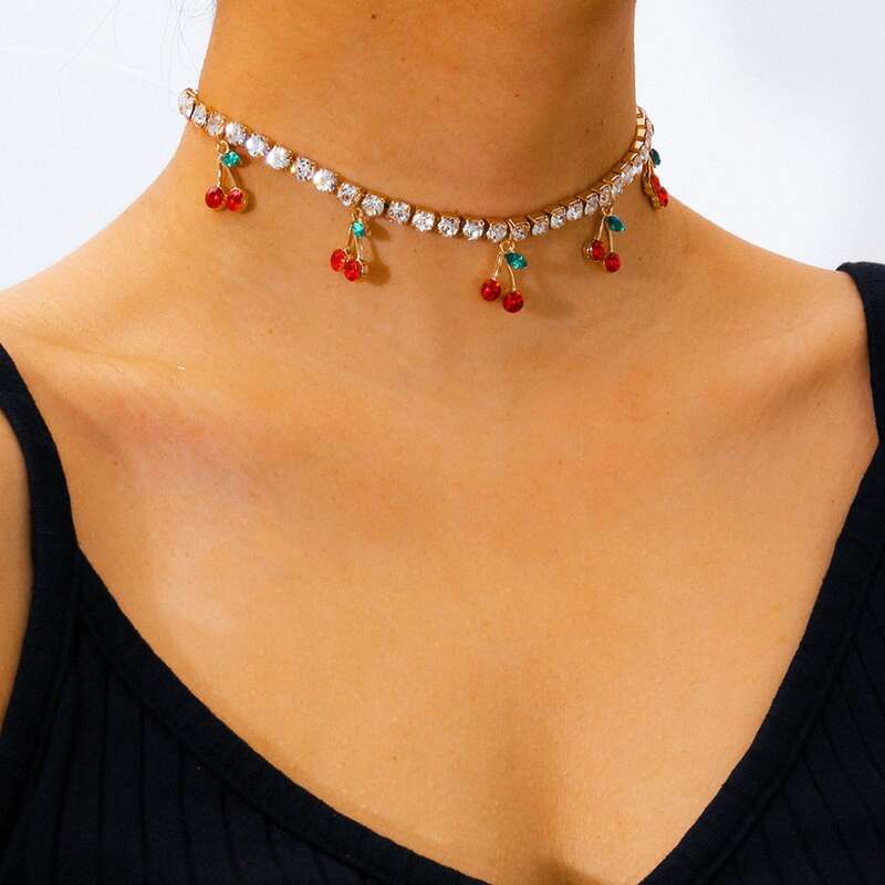 

Rhinestone & Cherry Design Necklace, Gold