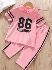 SHEIN Young Girl Letter Graphic Hooded Tee With Side Stripe Pants - Baby Pink - View 1