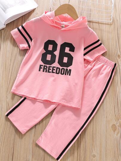 SHEIN Young Girl Letter Graphic Hooded Tee With Side Stripe Pants