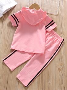 SHEIN Young Girl Letter Graphic Hooded Tee With Side Stripe Pants - Baby Pink - View 2