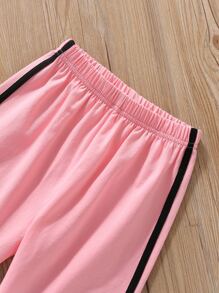 SHEIN Young Girl Letter Graphic Hooded Tee With Side Stripe Pants - Baby Pink - View 3