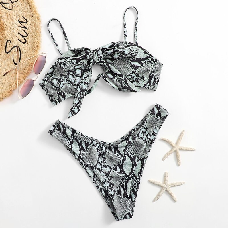 

Snakeskin Push Up Cut Out High Cut Bikini Swimsuit, Multicolor