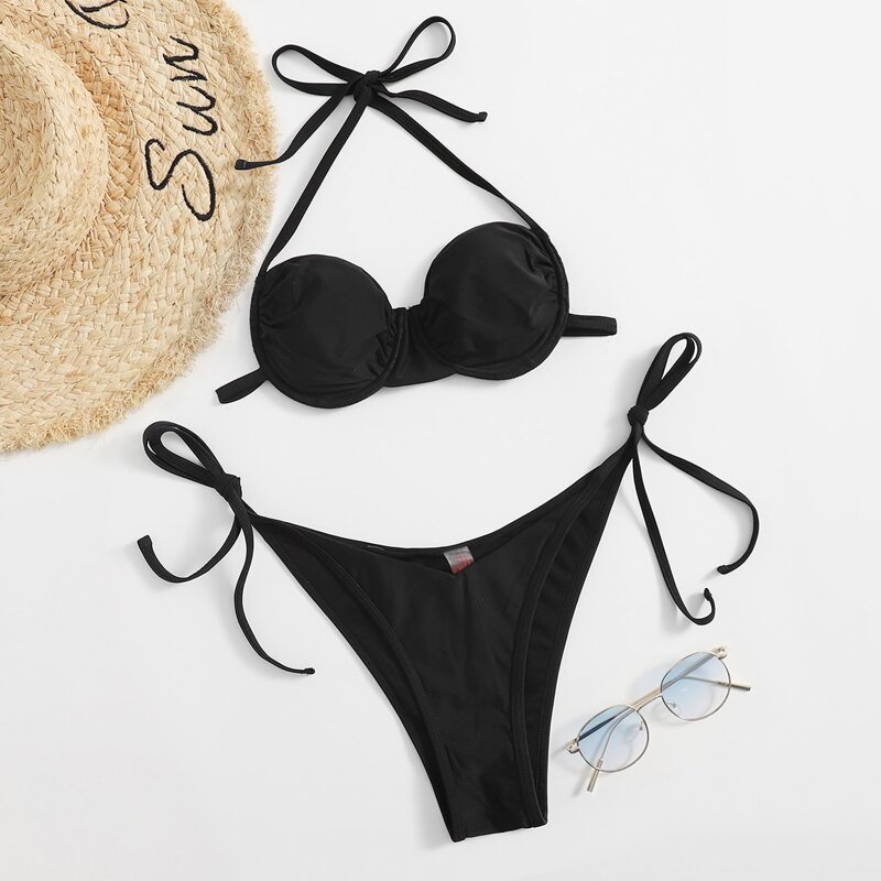 

Solid Push Up Halter Tie Side Bikini Swimsuit, Black