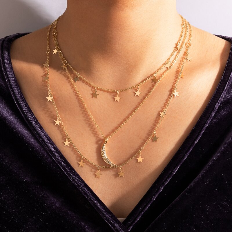 

Rhinestone Moon & Star Charm Necklace, Gold