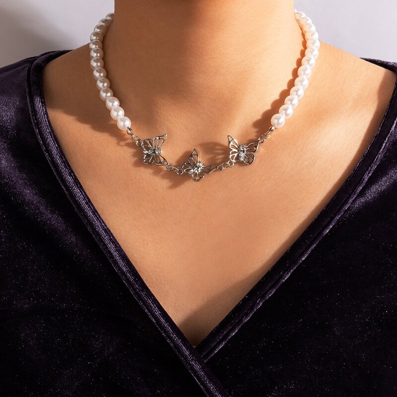 

Butterfly Charm Faux Pearl Necklace, Silver