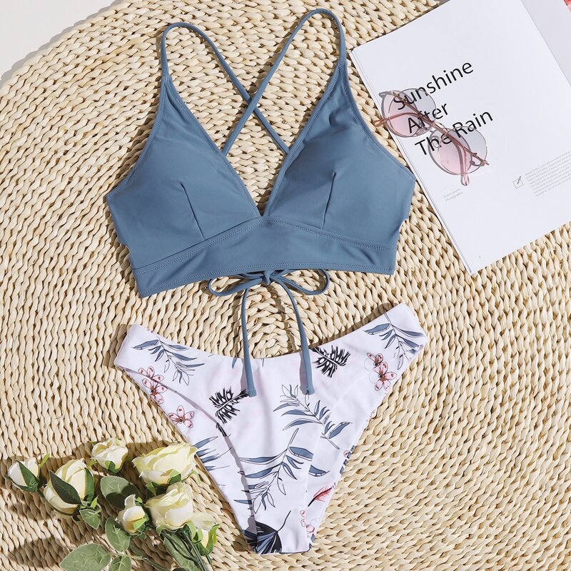 

Floral & Leaf Graphic Lace Up Bikini Swimsuit, Multicolor