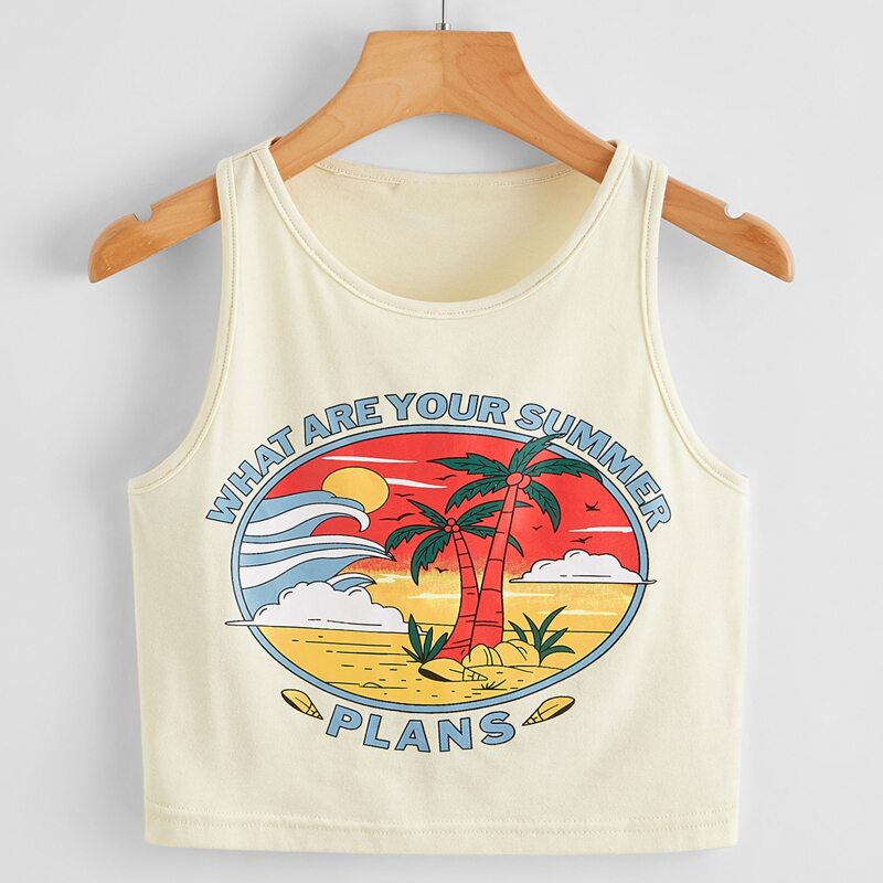 

Slogan Graphic Crop Tank Top, Beige
