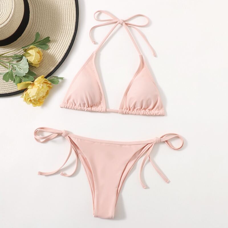 

Solid Halter Tie Side Bikini Swimsuit, Coral pink