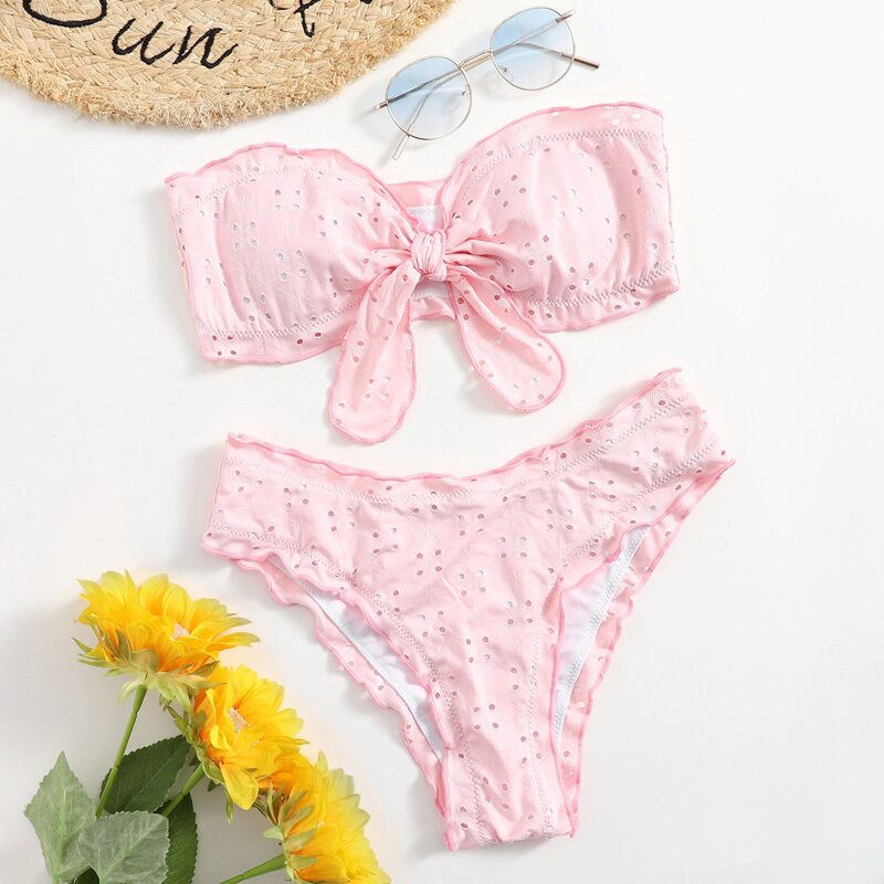 

Eyelet Embroidery Knot Bikini Swimsuit, Baby pink