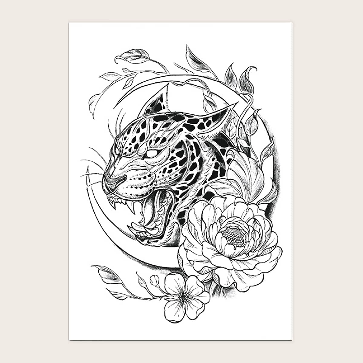 

1sheet Tiger & Flower Tattoo Sticker, Black and white
