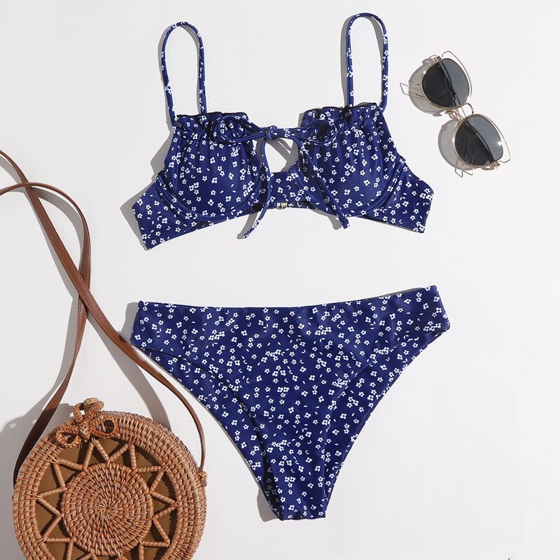 

Ditsy Flower Tie Front Bikini Swimsuit, Navy blue