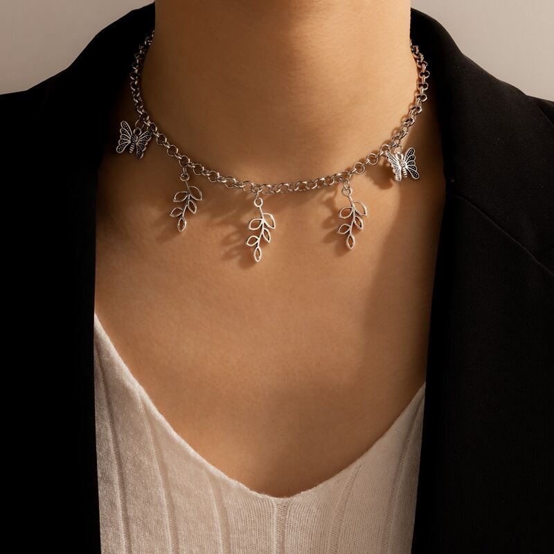 

Butterfly & Leaf Charm Choker, Silver