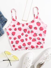 SHEIN EZwear 滿版草莓圖案生菜邊吊帶上衣 - 彩色 - 查看 1