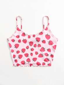 SHEIN EZwear 滿版草莓圖案生菜邊吊帶上衣 - 彩色 - 查看 4