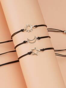 3pcs/Set Handmade Woven Sun, Moon, Star Friendship Bracelets - Black - View 2