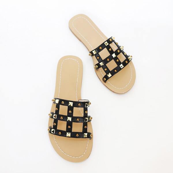 

Studded Decor Caged Slide Sandals, Black
