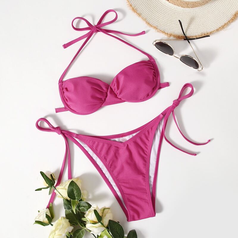 

Solid Push Up Halter Tie Side Bikini Swimsuit, Hot pink