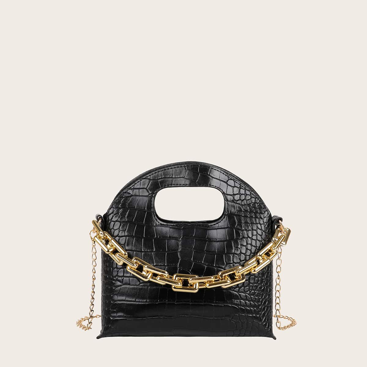 

Croc Embossed Chain Satchel Bag, Black
