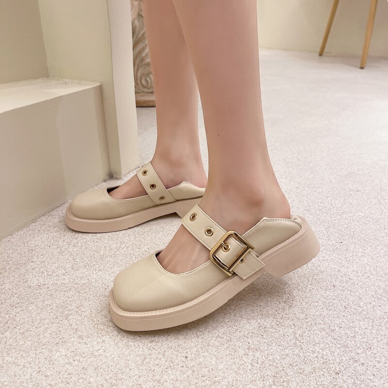 

Square Toe Mary Jane Flats, Beige