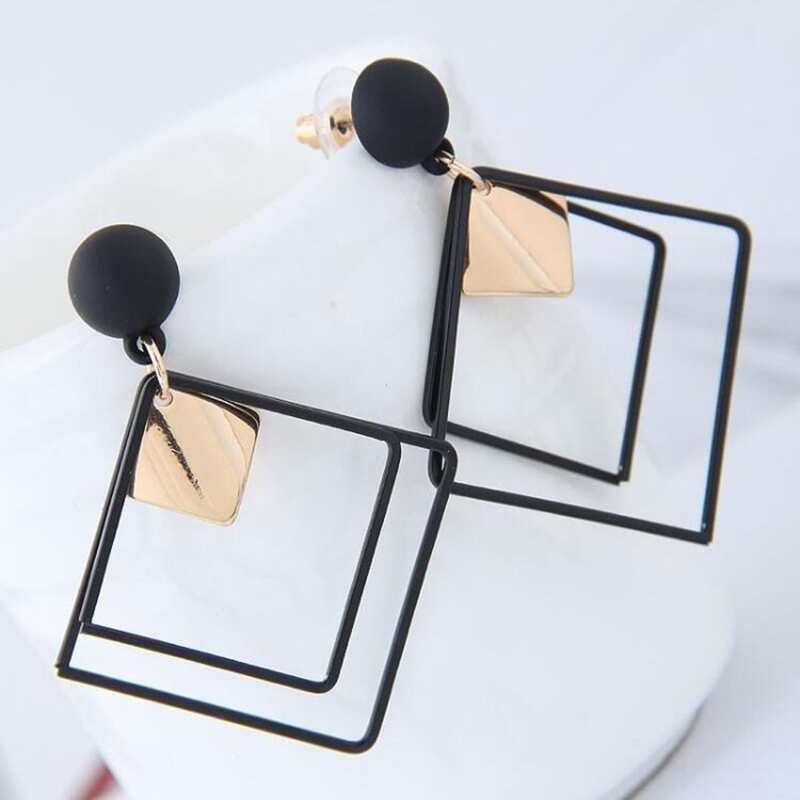 

Layered Square Drop Earrings, Black