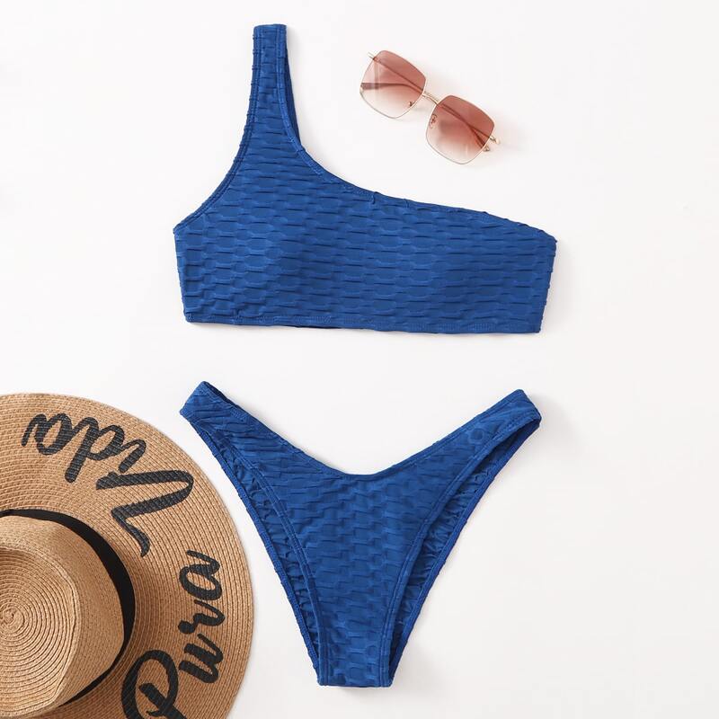

Solid One Shoulder High Cut Bikini Swimsuit, Blue
