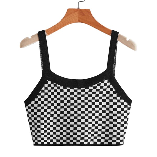 

Checker Pattern Crop Knit Top, Black and white
