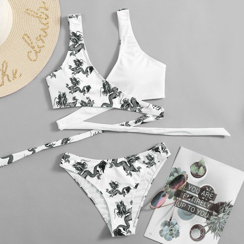 

Chinese Dragon Graphic Criss Cross Bikini Swimsuit, White