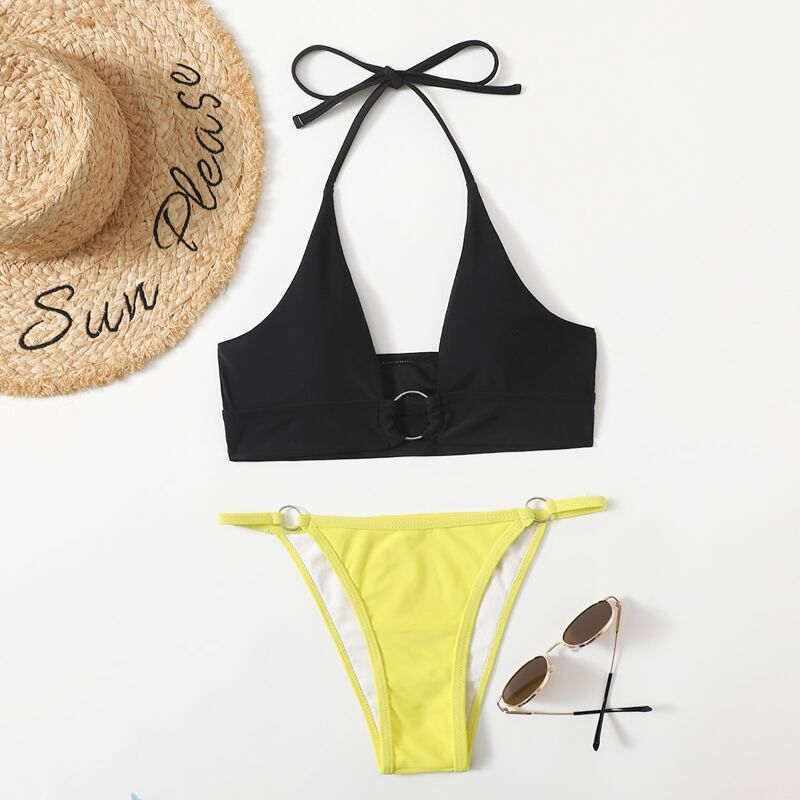 

Ring Decor Halter Thong Bikini Swimsuit, Multicolor