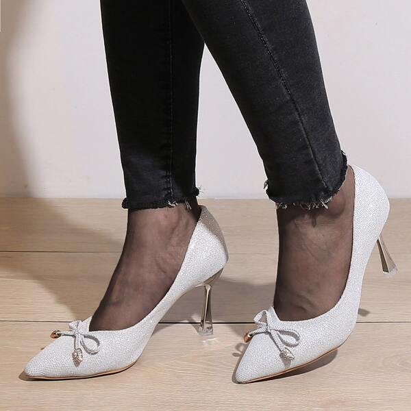 

Bow & Rhinestone Decor Court Pumps, Silver