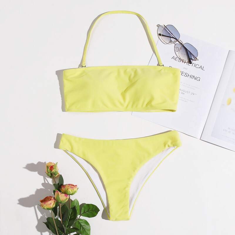

Solid Halter Bikini Swimsuit, Yellow