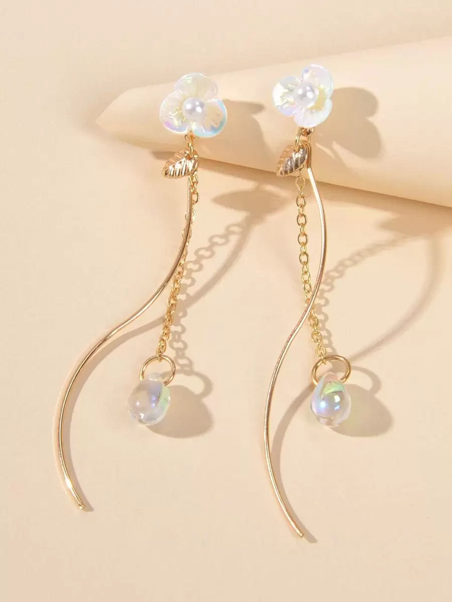 Flower & Leaf Decor Earrings - Yellow Gold - View 1