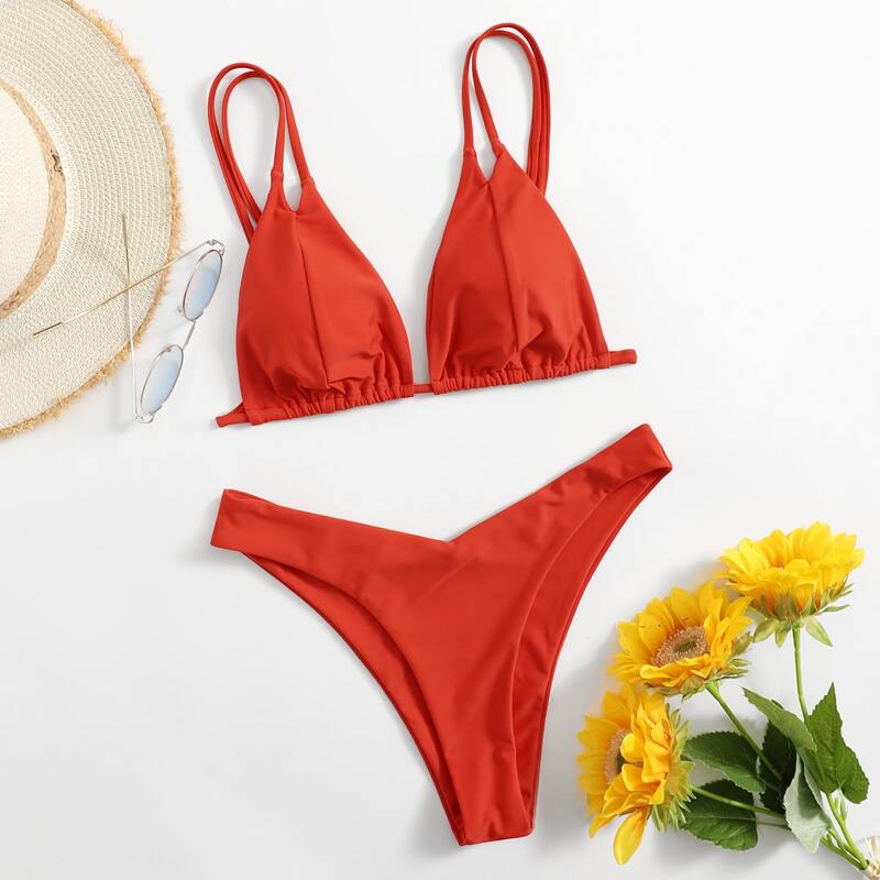 

Solid Double Strap High Cut Bikini Swimsuit, Red