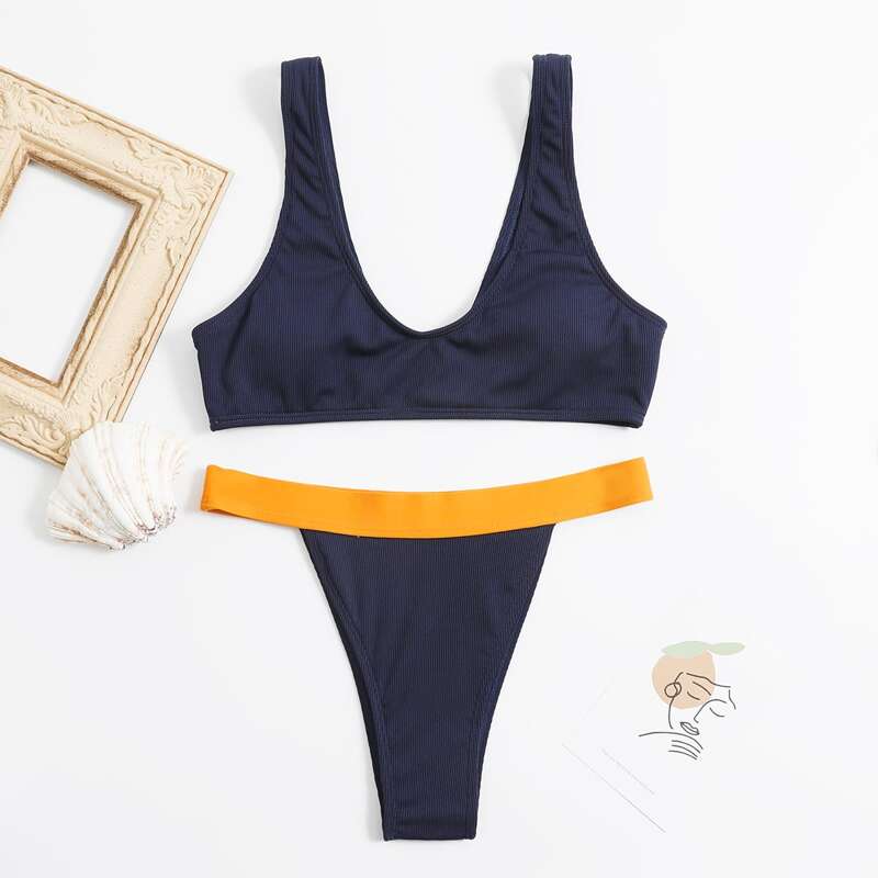 

Colorblock Thong Bikini Swimsuit, Navy blue