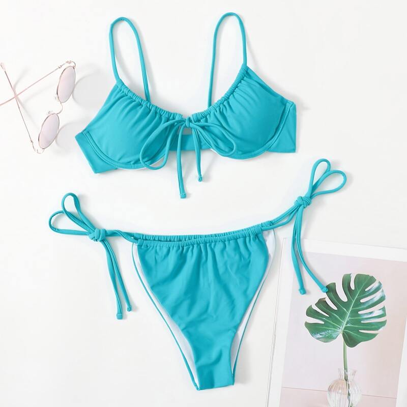 

Solid Drawstring Tie Side Bikini Swimsuit, Mint blue