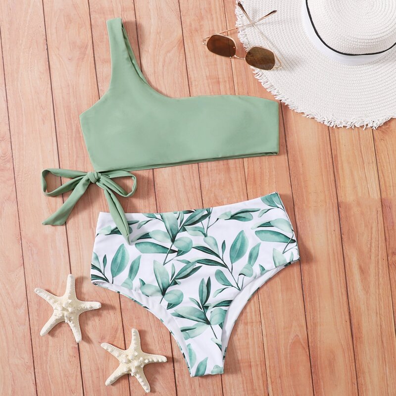 

Leaf Graphic One Shoulder Bow Bikini Swimsuit, Multicolor