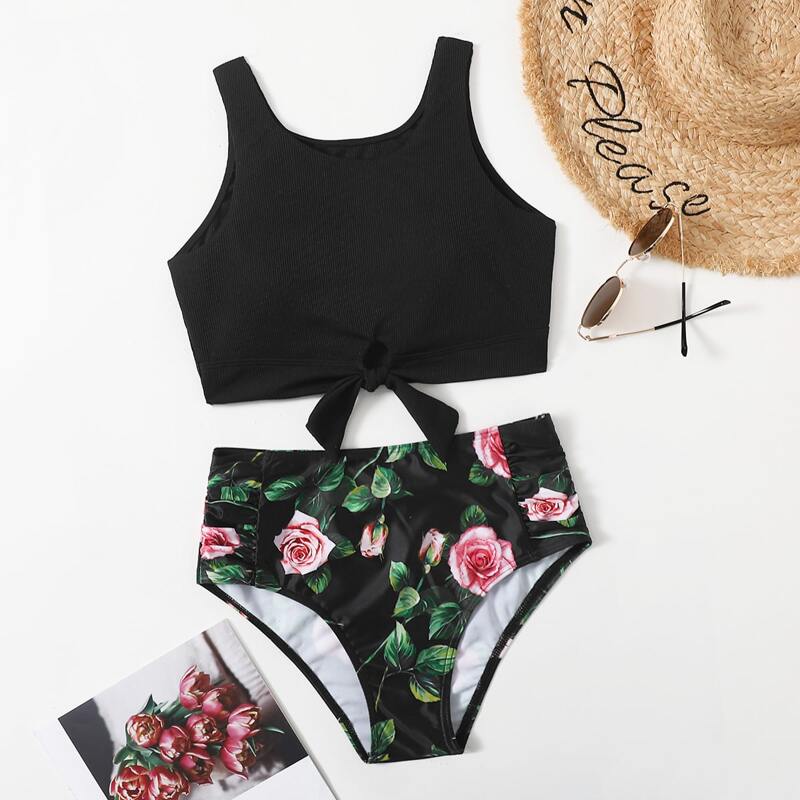 

Floral Print Cut Out Knot Bikini Swimsuit, Multicolor
