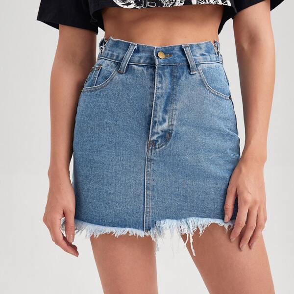 

Zipper Fly Raw Hem Denim Skirt, Medium wash