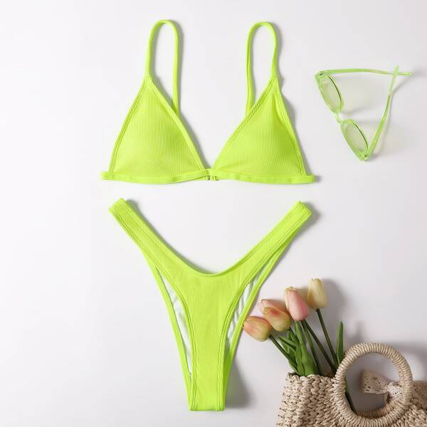 

Neon Lime Rib High Cut Bikini Swimsuit, Lime green