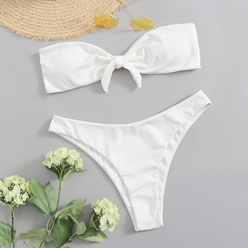 

Solid Textured Bow High Cut Bikini Swimsuit, White