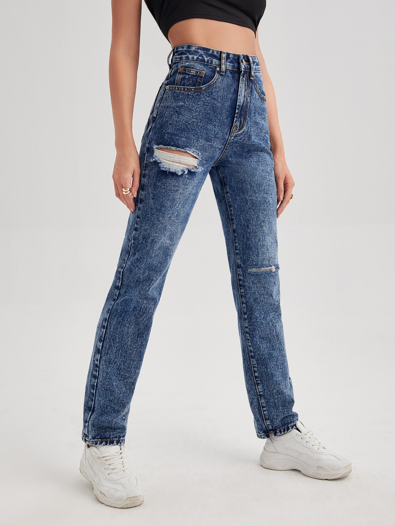Zipper Fly Ripped Detail Jeans - Epixior