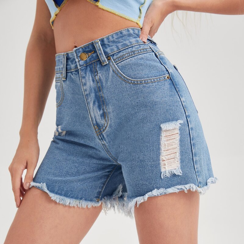 

Zipper Fly Ripped Detail Raw Hem Denim Shorts, Light wash