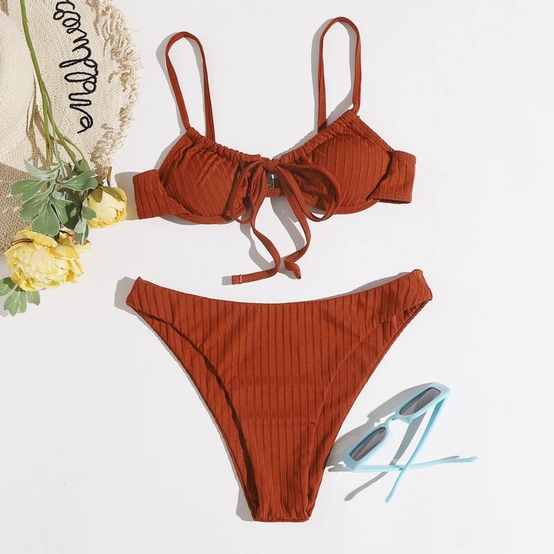 

Solid Push Up Tie Front Bikini Swimsuit, Rust brown